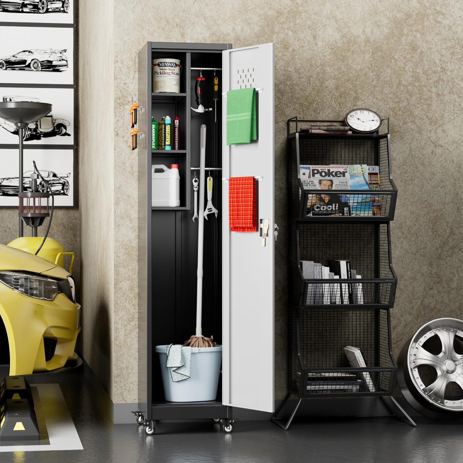 Aobabo H Lockable Storage Cabinet With Wheels, Metal Cleaning Tool Cabinet With Hooks, Cleaning Supplies For Broom Rack Shelf For Broom Mops Garage Storage, Black White, Assembly Required