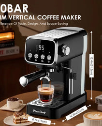 20 BAR Slim Vertical Espresso Machine With Milk Frother, Built-in Cup Warmer, 43 OZ Detachable Tank, For Rich Espresso, Americano, Latte, Compact Space-Saving Design, Screen Button, Black
