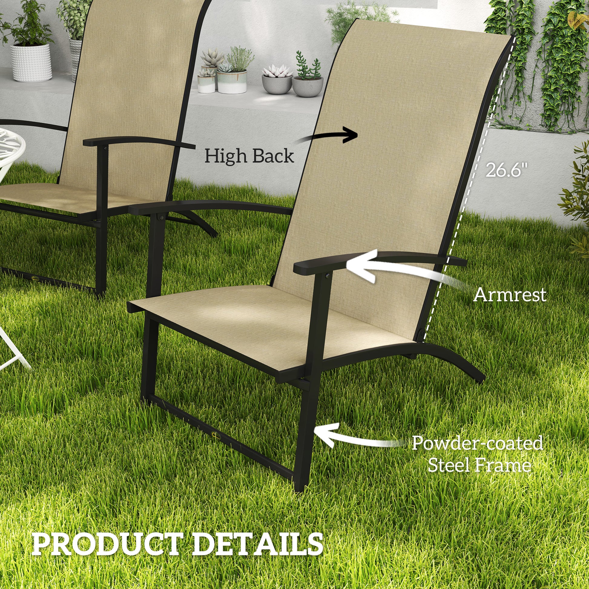 Set of 2 Outdoor Dining Chairs with High Back, Armrests, Folding Patio Chairs for Patio, Lawn, Camping, Beige