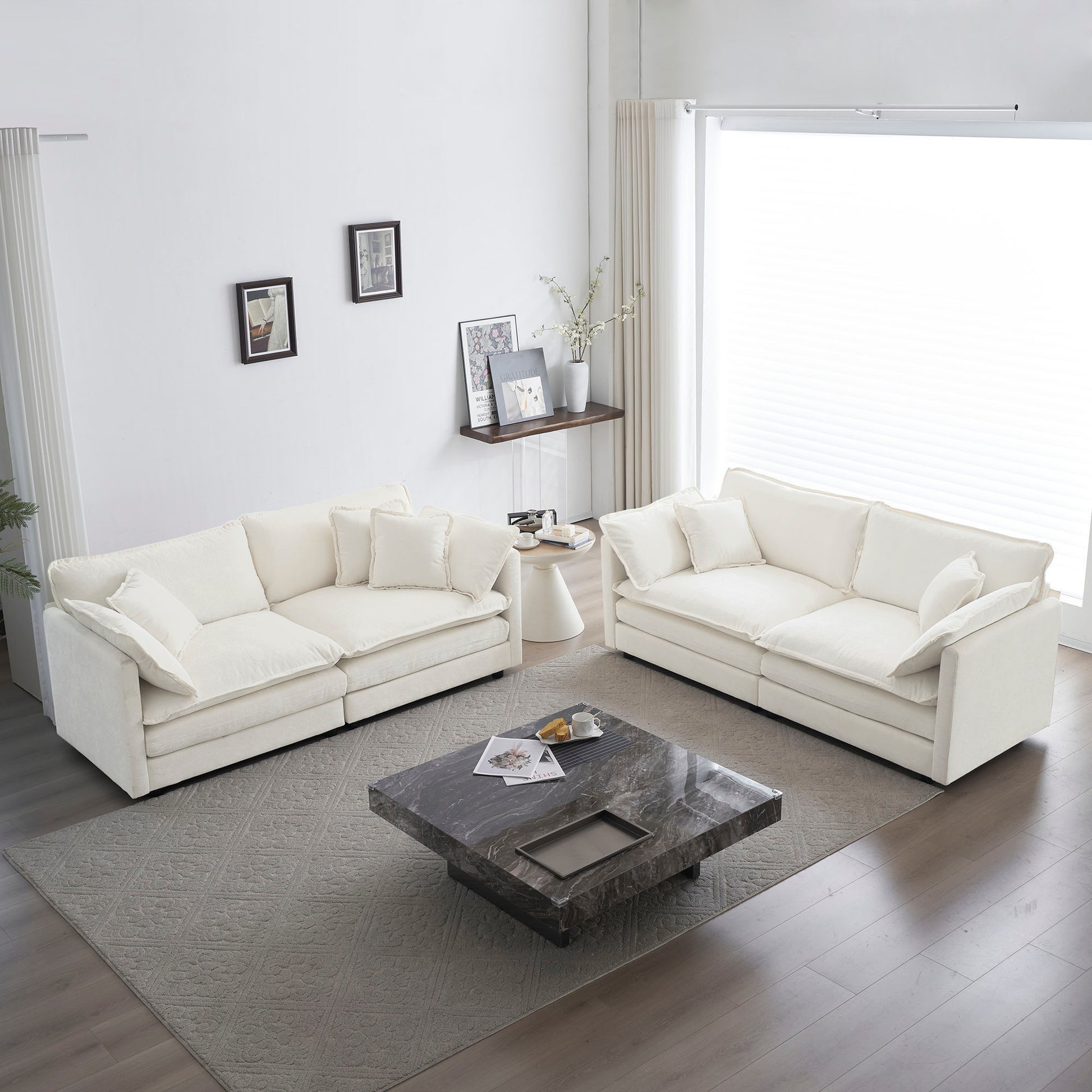 2 - Piece Living Room Set , 2 Pieces Upholstered Loveseat And Couch For Home Office Lounge,  Sofa Set Of 2, 2-Piece 2-2 Seat Couch Set For Living Room ,White Chenille