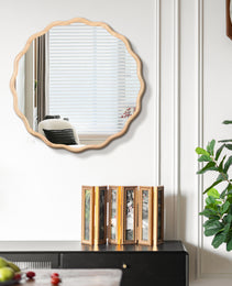 Solid Wood Wavy Mirror--Natural-Wood Vanity Mirror Wall Decor 31X 31 Modern Mirror Wall Decor For Bathroom, Bedroom, Living Room, Dining Room, Cloakroom, Entryway