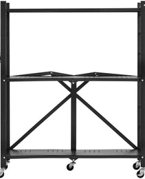 3-Tier Foldable Storage Shelf, 30W X 13D X 36H Inch Folding Metal Rack Shelving Unit, No Assembly Organizer Shelf With 5 Wheels & 4 Hooks For Pantry, Kitchen, Garage, Basement, Black