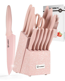 Kitchen Knife Set With Block, 14 Piece Pink Non-Stick Paint Coating Stainless Steel Knives Set, Anti-Rust And Dishwasher Safe, 12 Knives With Kitchen Shears And Block Pink