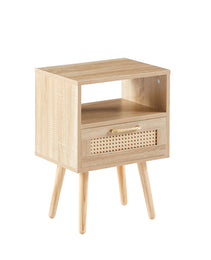 Rattan End Table With Drawer Solid Wood Legs Modern Nightstand Side Table