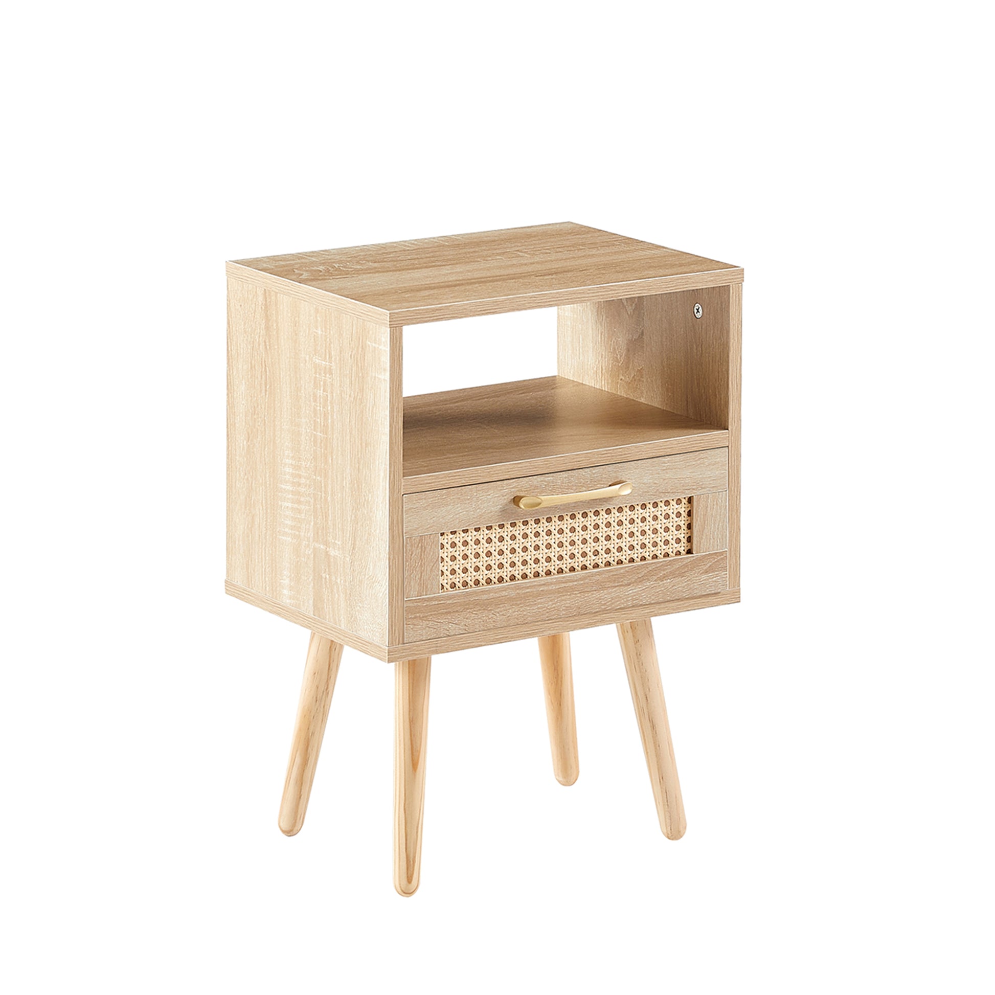Rattan End Table With Drawer Solid Wood Legs Modern Nightstand Side Table