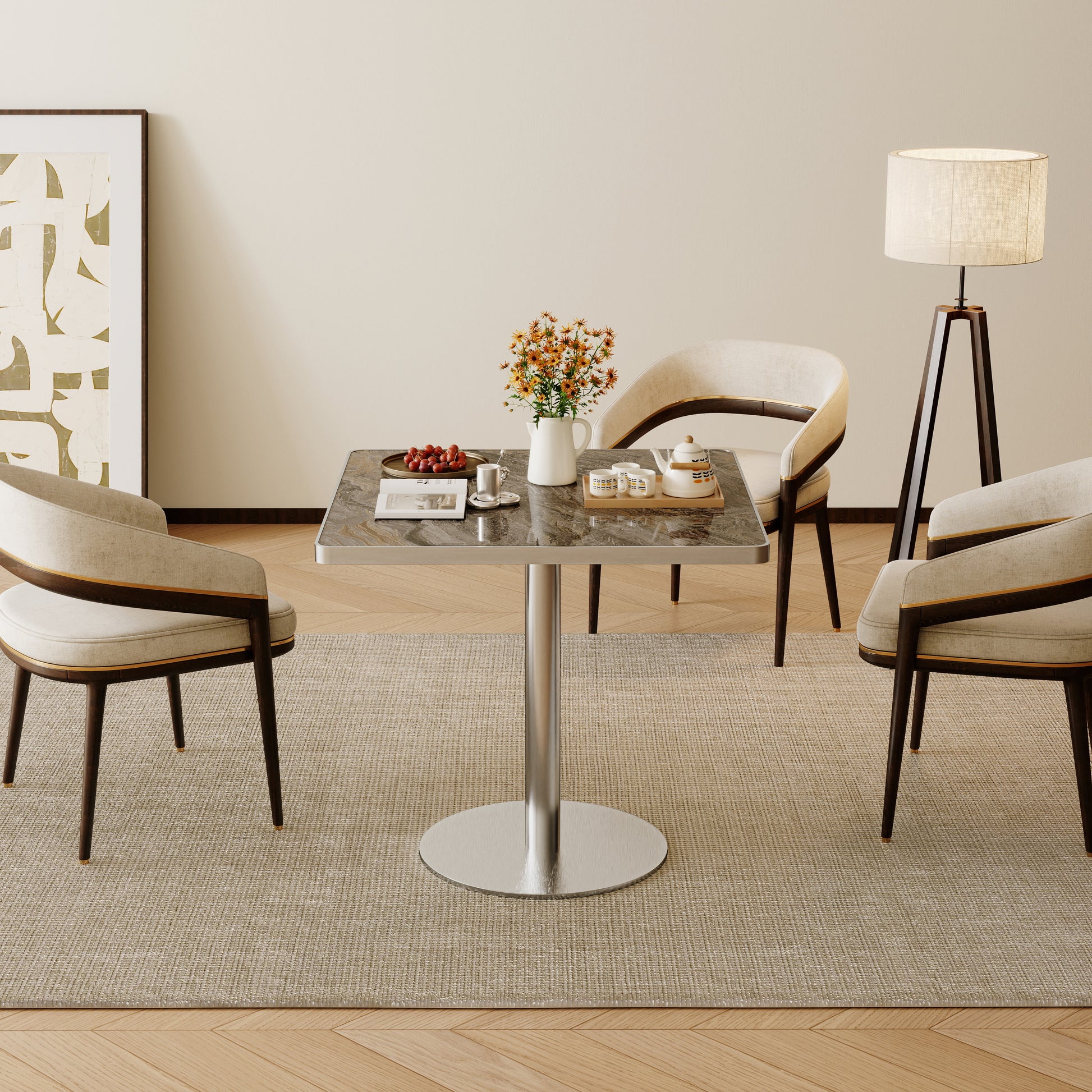 Square Modern Dinning Table 31.5 Inches Bistro Table Tulip Table With Faux Marble Top,Easy Assemble,Sturdy Metal Frame Diameter