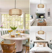 Table Lamp Farmhouse Chandelier Light Fixture,4-Light Rattan Boho Chandeliers for Dining Room with Fabric Shade,Hand Woven Large Rattan Dining Room Light Fixture for Kitchen Bedroom Island Hallway,Be