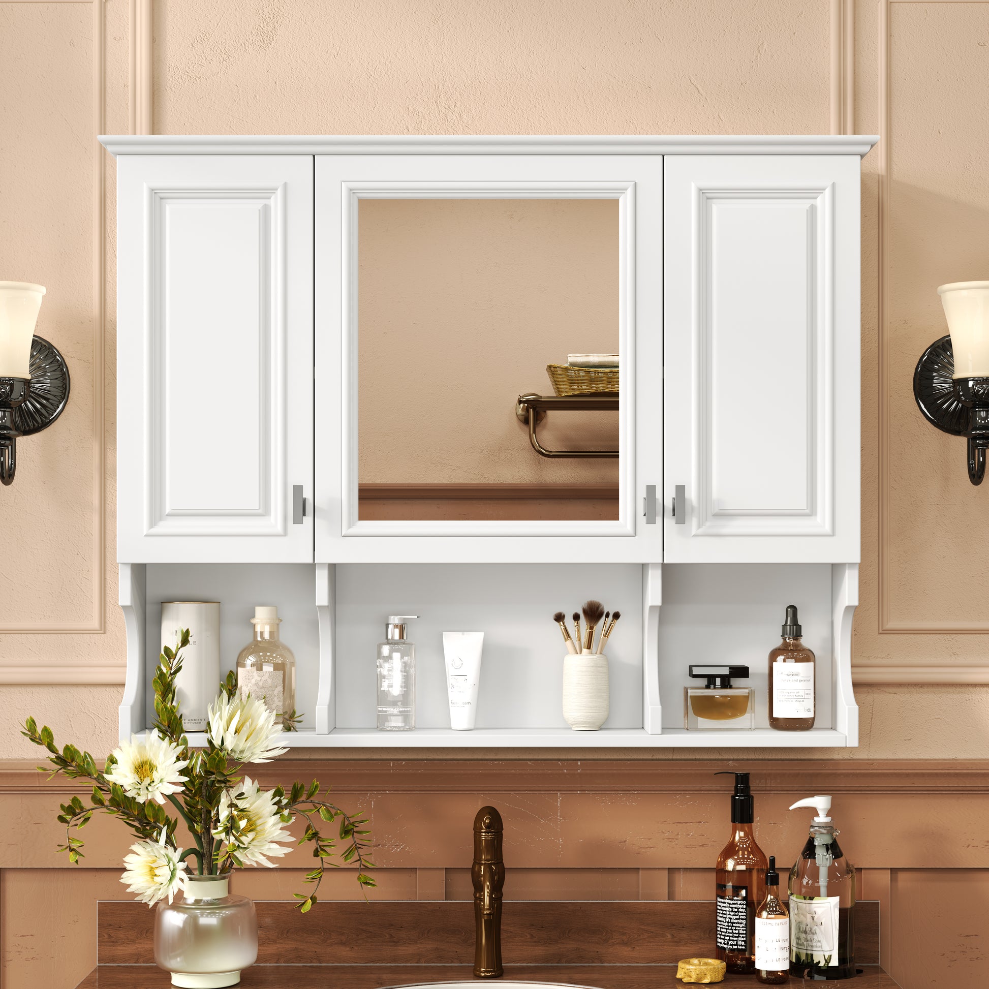 35'' X 28'' Wall Mounted Bathroom Medicine Cabinet, Modern Bathroom Wall Cabinet With Mirror,  Mirror Cabinet With Open Shelves