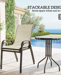 3 Pieces Bistro Set, Small Patio Furniture Set with Stackable Chairs and Glass Table for Backyard, Balcony, Beige