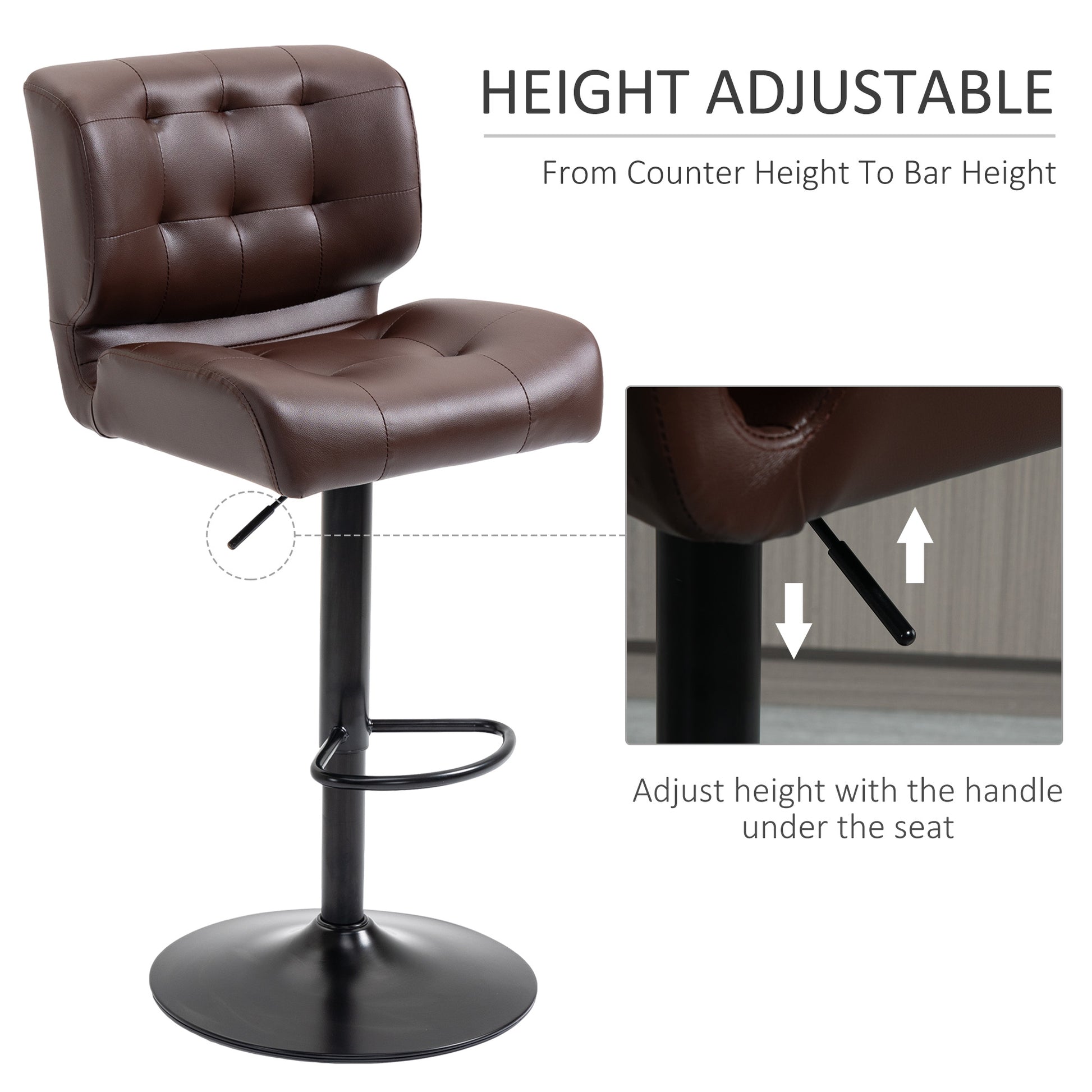 Bar Height Bar Stools Set of 2 with Adjustable Seat, Adjustable Swivel Barstools with Thick Padded Cushion and Metal Footrest for Home Bar, Brown