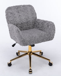 AA Furniture Office Chair,Artificial Rabbit Hair Home Office Chair With Golden Metal Base,Adjustable Desk Chair Swivel Office Chair,Vanity Chair  Gray