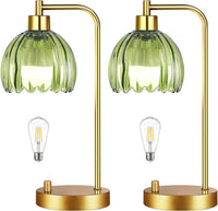Pink Table Lamp Set of 2,Small Gold Bedside Lamps Dimmable Boho Bedroom Lamp with Tulip Flower Glass Lamp Shade,Vintage Mid Century Modern Mini Nightstand Lamp for Bedroom Living Room