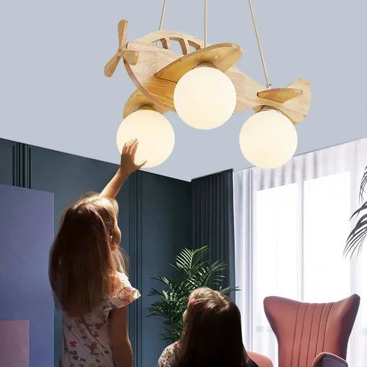 Nordic Modern Minimalist Log Airplane Chandelier Boys Girls Bedroom Led Pendant Lamp Creative Art Children's Room Lighting Decor