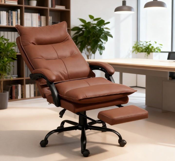 Luxurious Brown Leather Office Recliner Chair With Footrest