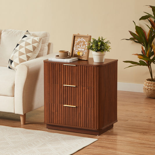 3 Drawers Nightstand Set Of 2, 23.6  Wide Modern Chest Of Drawers Curved Wave Design, Nightstand, Wood Drawer Organizer For Bedroom, Living Room, Hallway, Walnut,23.6 W X 15 D X 25.2 H.