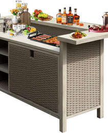 Patio Bar Table, Outdoor Aluminum PE Wicker Bar Cart With Cabinet, All Weather Use Storage Patio Cabinet For Patio Kitchen Or Bar Cart, Wood Grain