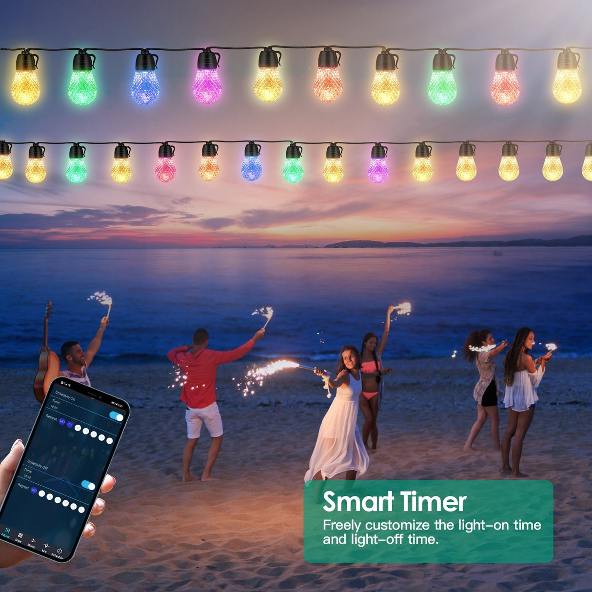52.5FT Colorful Outdoor String Lights Smart RGB LED Patio Lights IP66 Waterproof Dimmable Hanging Light Bulbs With APP Remote Control 15 Bulbs - CJDS - FC