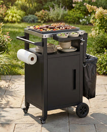 K&K 33.9  Outdoor Grill Cart With Drop Leaf, Outdoor Metal Bar Cart Pizza Oven Table With Wheels, Stainless Steel Top, Outdoor Kitchen Island With Storage Cabinet & Spice & Paper Rack For BBQ, Waterpr
