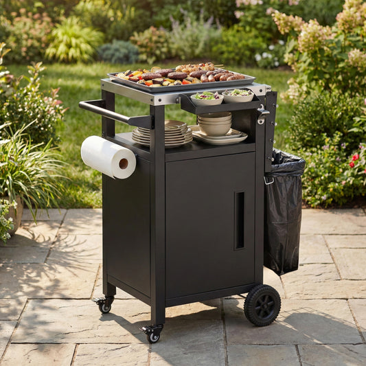 K&K 33.9  Outdoor Grill Cart With Drop Leaf, Outdoor Metal Bar Cart Pizza Oven Table With Wheels, Stainless Steel Top, Outdoor Kitchen Island With Storage Cabinet & Spice & Paper Rack For BBQ, Waterpr