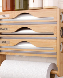 Bamboo Plastic Wrap Cutter With Paper Towel Holder Kitchen Wall-mounted Tinfoil Cutter With Three-grid Cutter And Paper Towel Storage Rack