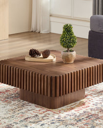 31.5 Inch Modern Handcraft Drum Coffee Table Square Coffee Table For Living Room,Small Wooden Coffee Table With Sturdy MDF Pedesta,Walnut Color