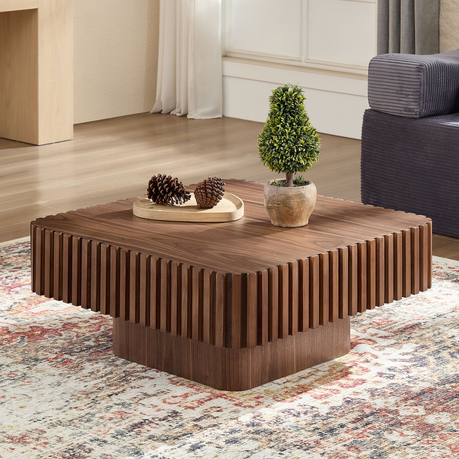Modern 35.43 Inch Handcraft Drum Coffee Table Square Coffee Table For Living Room,Small Wooden Coffee Table With Sturdy MDF Pedesta,Walnut Color