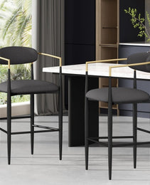 Barstools Set Of 2, Counter Height Upholstered Bar Stools With Back For Kitchen Island, Beige Faux PU Leather Seating Black Iron Legs 260LBS Weight Capacity