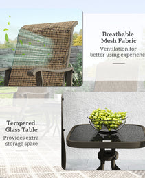 3-Piece Outdoor Gliders Set Bistro Set With Steel Frame, Tempered Glass Top Table For Patio, Garden, Light Mixed Brown