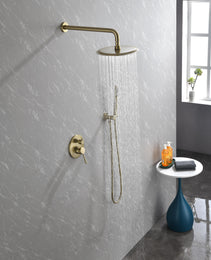 Shower System, Wall Mounted Shower Faucet Set For Bathroom With High Pressure 10 Stainless Steel Rain Shower Head Handheld Shower Set, 2 Way Pressure Balance Shower Valve Kit, Brushed Gold