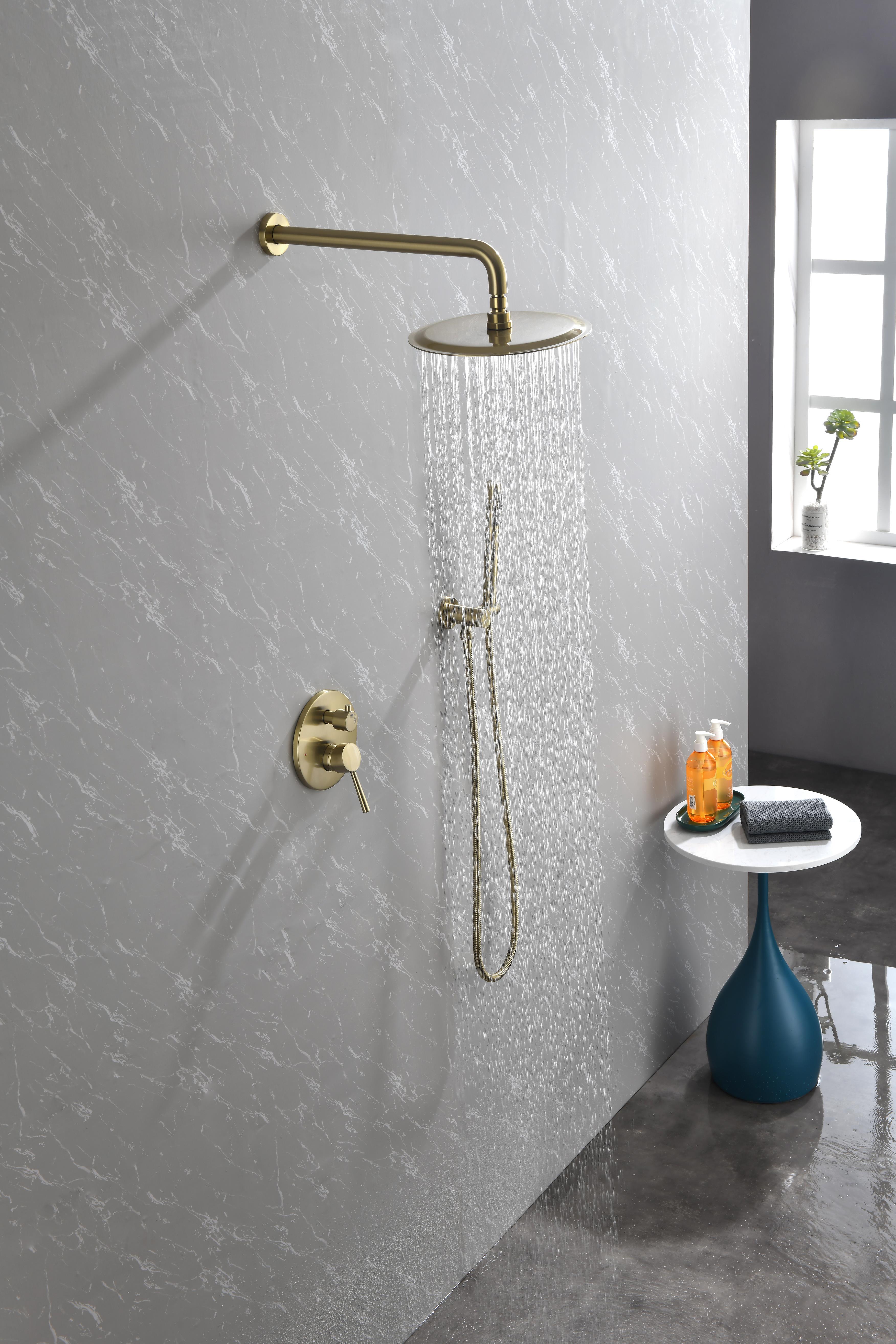 Shower System, Wall Mounted Shower Faucet Set For Bathroom With High Pressure 10 Stainless Steel Rain Shower Head Handheld Shower Set, 2 Way Pressure Balance Shower Valve Kit, Brushed Gold