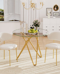 35.4-inch Round Tempered Glass Dining Table, Suitable For 1-4 People, Space-saving Small Kitchen Dining Table, Equipped With Sturdy Metal Table Legs, Suitable For Dining Room, Living Room,Gold