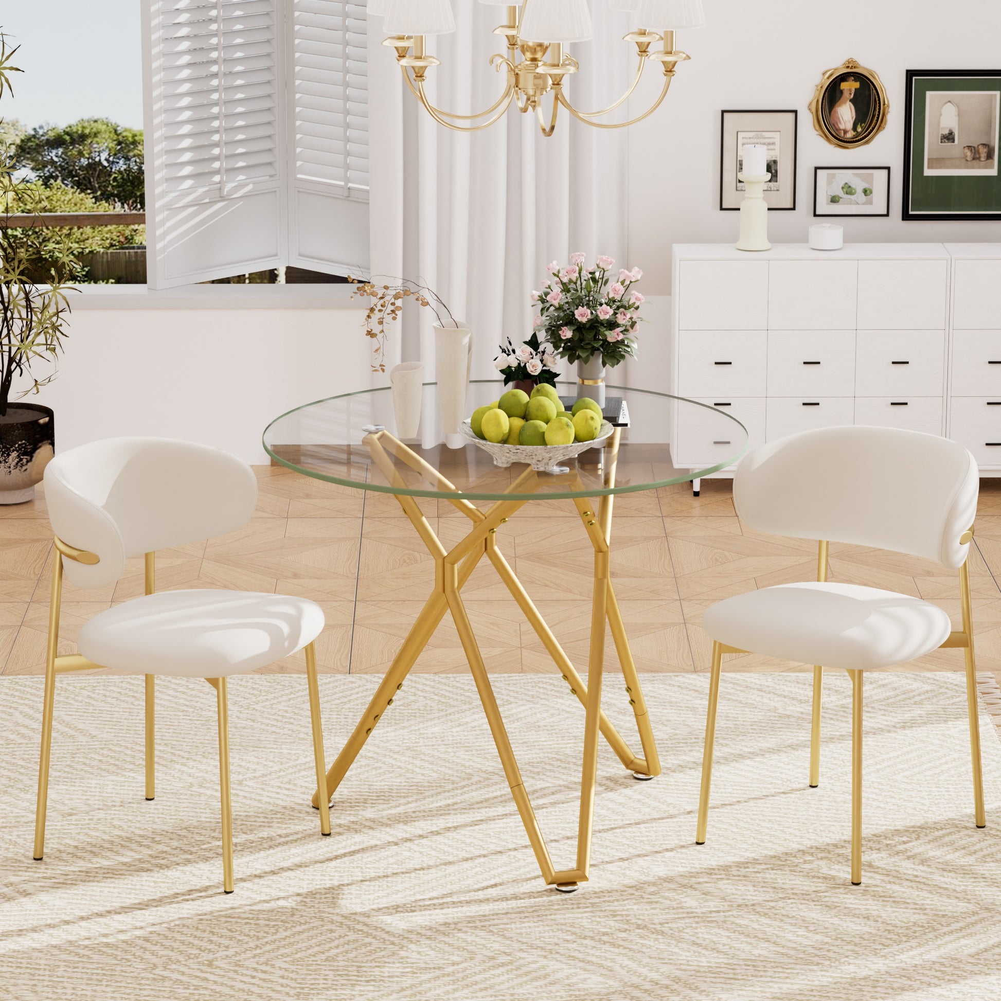 35.4-inch Round Tempered Glass Dining Table, Suitable For 1-4 People, Space-saving Small Kitchen Dining Table, Equipped With Sturdy Metal Table Legs, Suitable For Dining Room, Living Room,Gold
