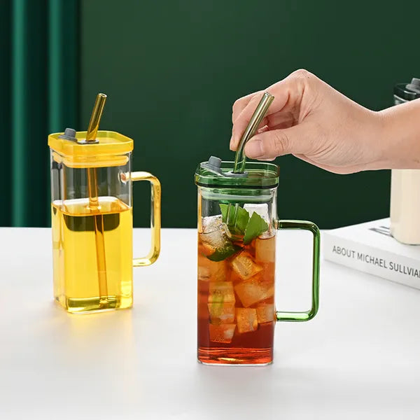 1 Pcs Blue Glass Straw Cup, 6 Colors Square Glass Cup With Straw And Lid, High Borosilicate Glass Cup, Milk Cup, Juice Cup, Cold Drink Cup, Coffee Cup, Tea Cup, Office Cup, Gift Cup