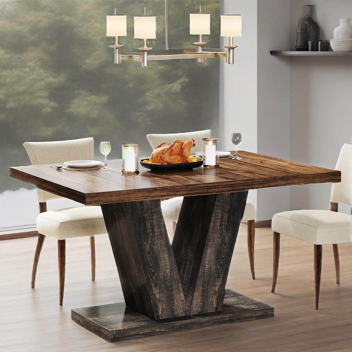 47-Inch Dining Table For 4, Black Kitchen Dinner Table With Heavy Duty Pedestal, Farmhouse Wooden Eating Table