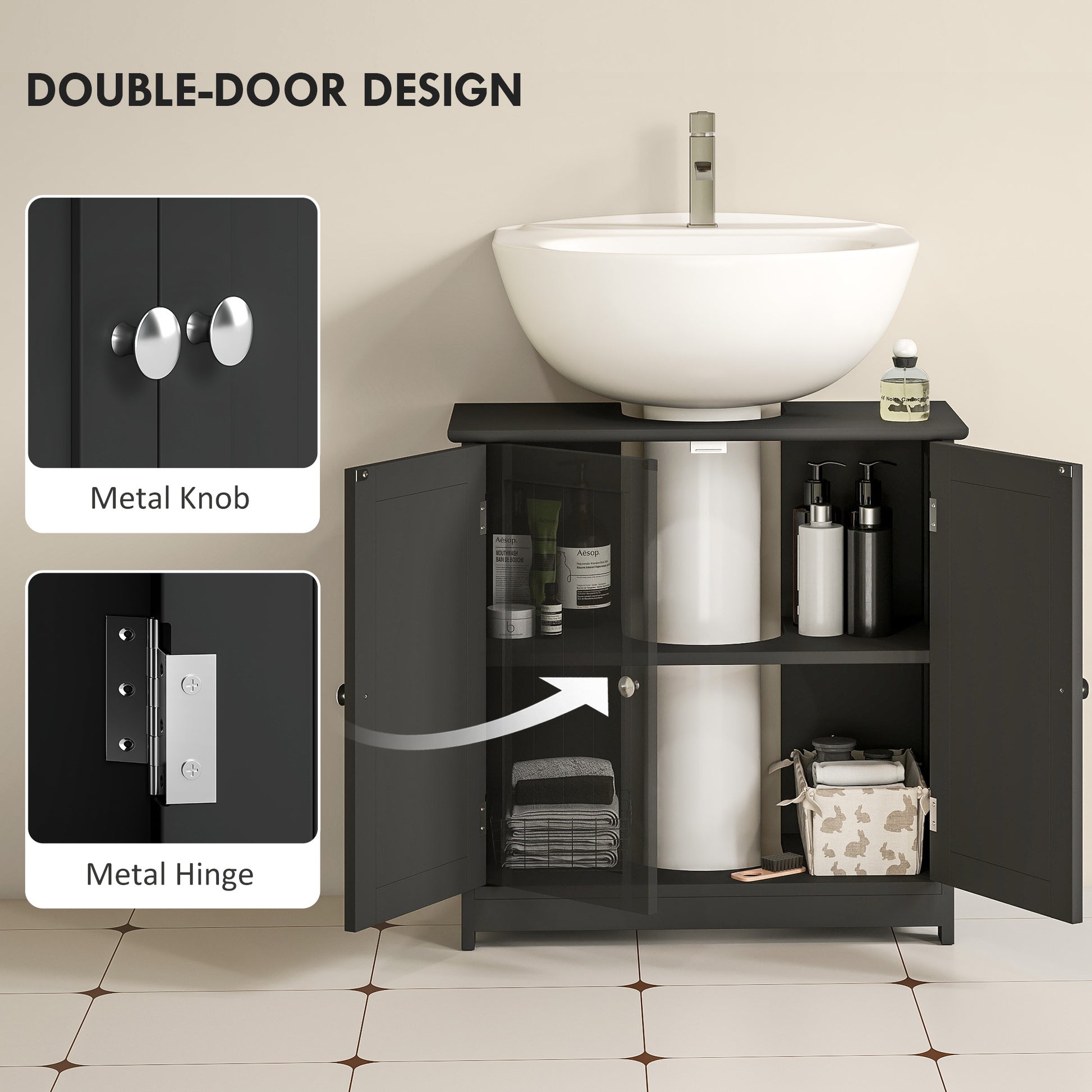Pedestal Sink Storage Cabinet, Bathroom Sink Cabinet with U-Shape Cut-Out and Adjustable Shelf, Black