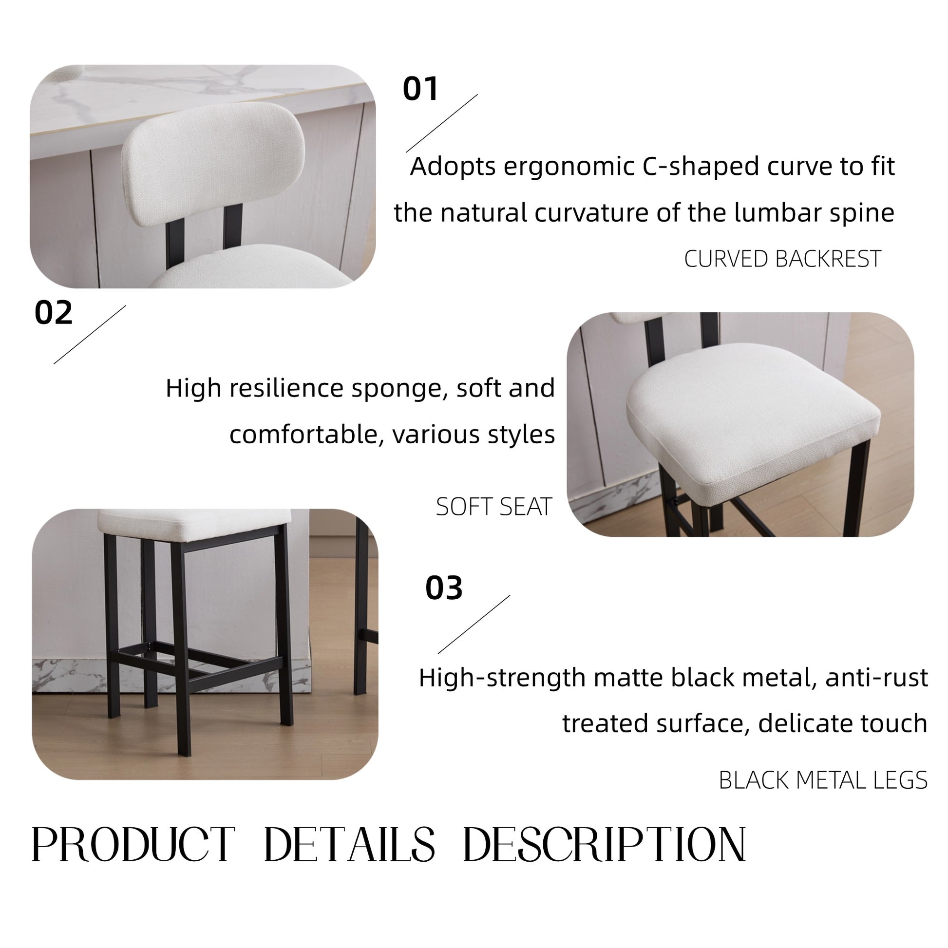 Bar Stools Set Of 2, 26 Inch Modern Upholstered Fabric Counter Height Barstools, Kitchen Island Chairs With Black Metal Legs For Dining Room Kitchen Island Bar