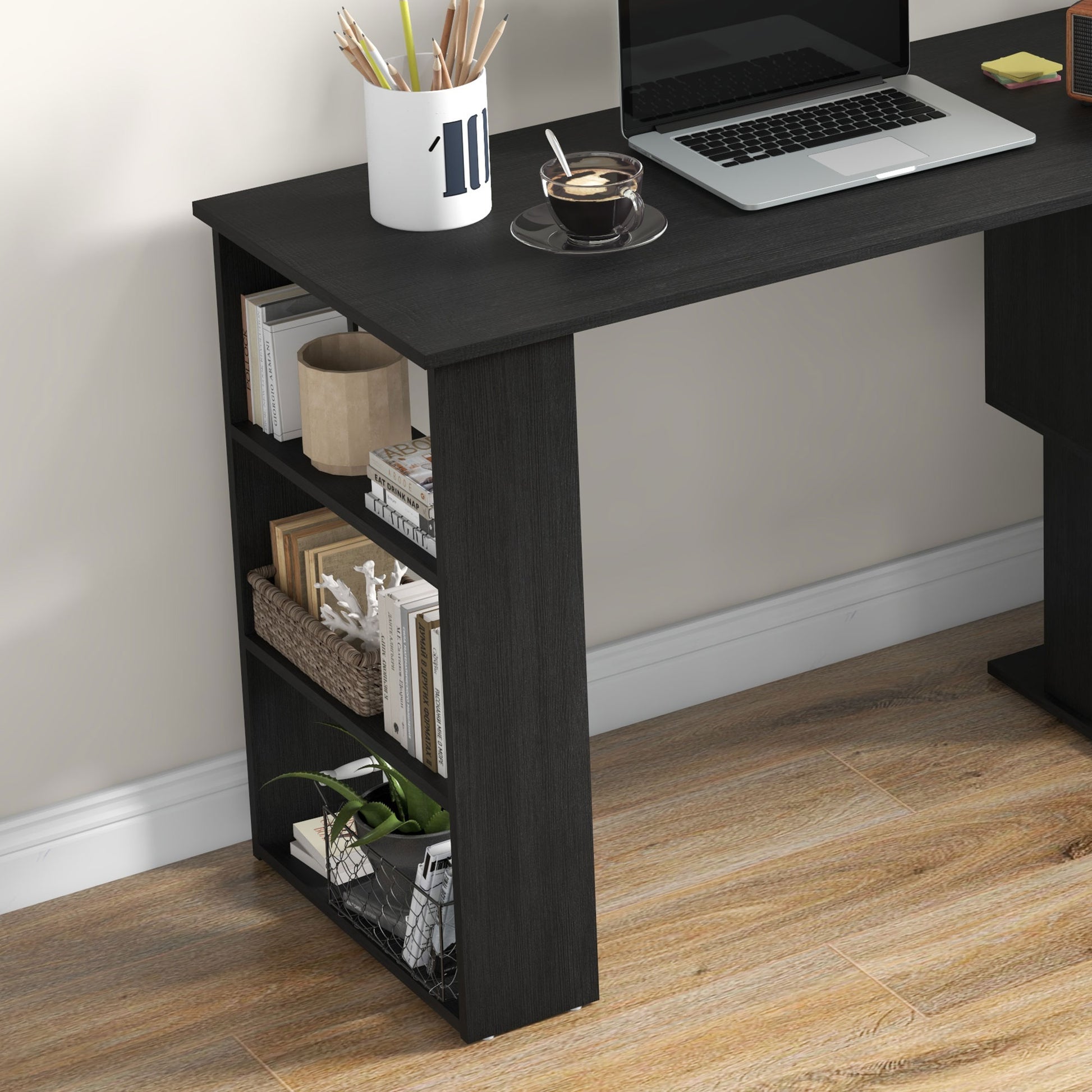 360° Rotating Home Office Desk L Shaped Corner Computer Desk with Storage Shelves, Writing Table Workstation, Black