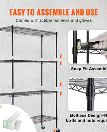 Storage Shelving Unit With Wheels, 4-Tier Adjustable, 700 Lbs Capacity, Heavy Duty Garage Shelves Metal Organizer Wire Rack, Black, 47.2" L X 17.7" W X 74" H For Kitchen Pantry Basement Bathroom