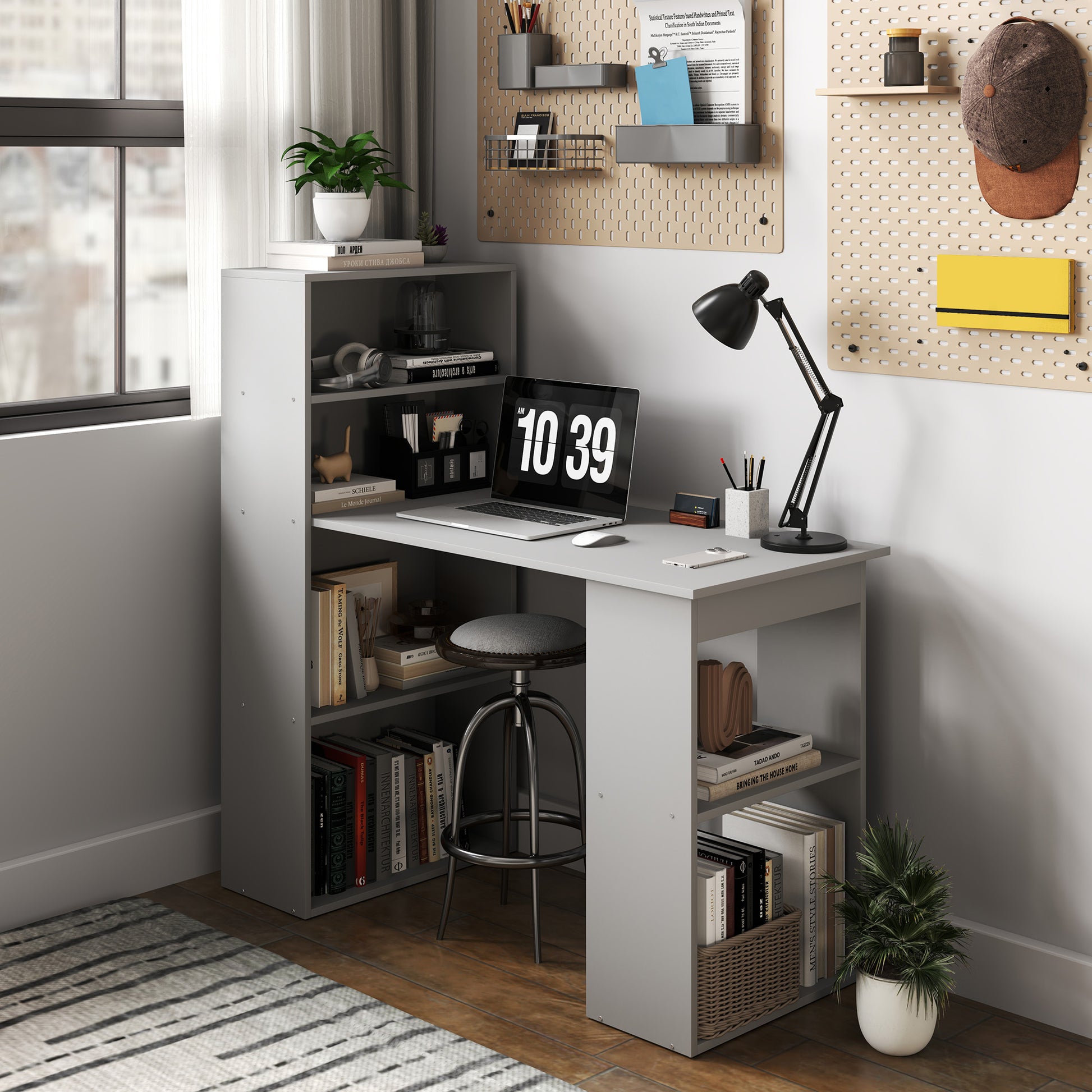 Compact Computer Desk with 6-Tier Storage Shelves, Writing Table Workstation with Bookshelf for Home Office, Gray