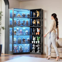 Display Cabinet with Tempered Glass Doors, Dual Section Design Featuring Adjustable Shelves, Tri-Color LED Lighting System, 71 I
