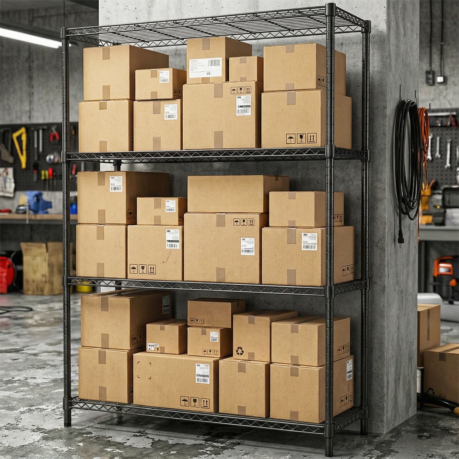 1400 LBS Garage Black Shelving Wide Storage Shelves 4 Tier Adjustable Heavy Duty Metal Wire Rack Standing Shelf Unit For Kitchen Office College Dorm Garage Warehouse 15.8  X 45.8 X 59.4