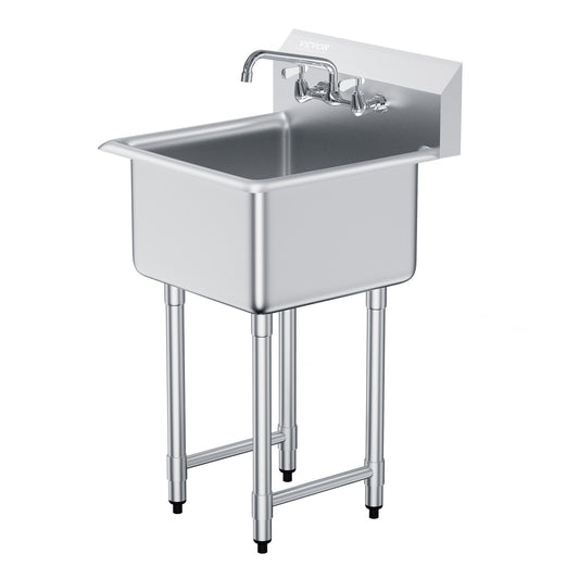 Stainless Steel Prep & Utility Sink – Commercial Single Bowl Free-Standing Station with Faucet & Adjustable Legs