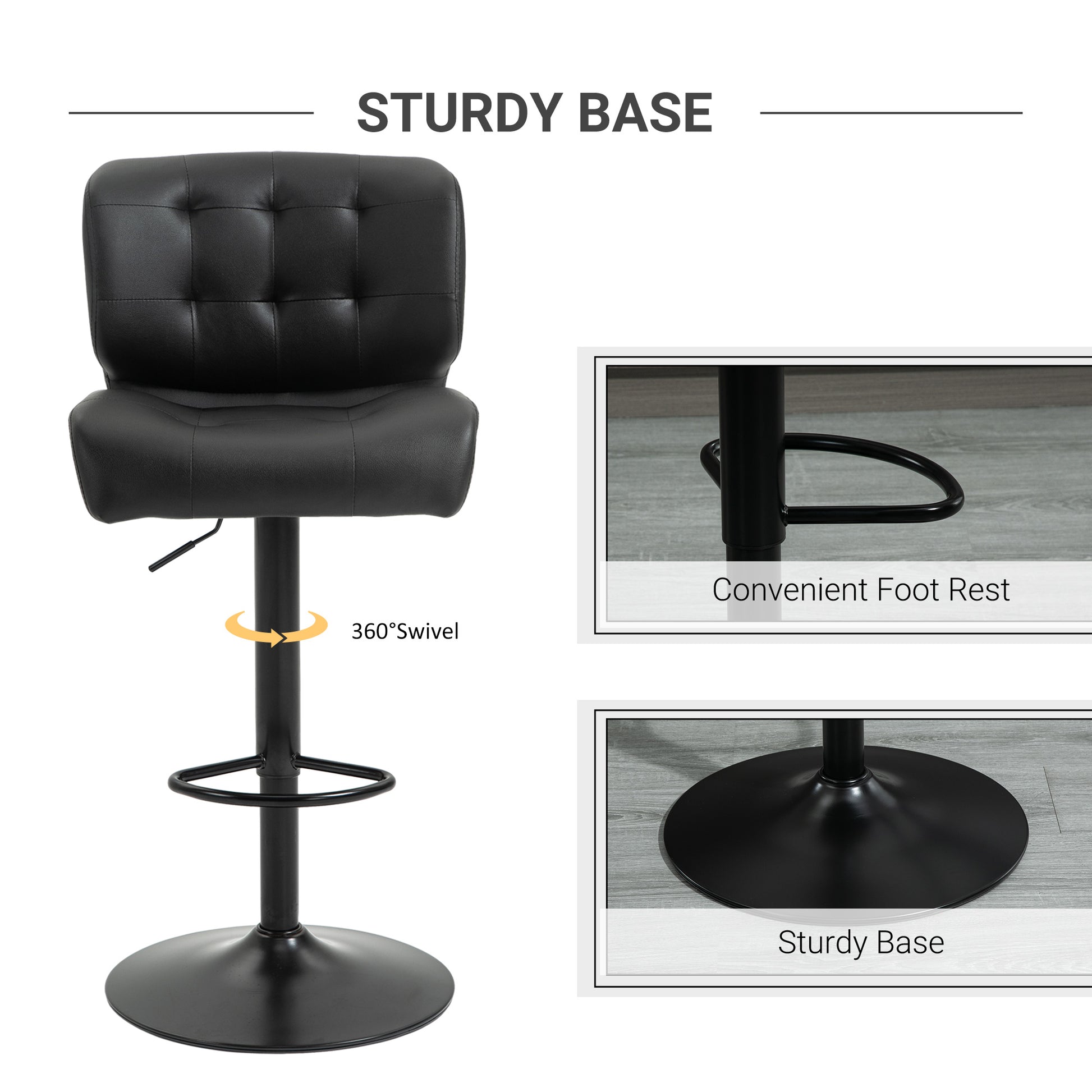 Bar Height Bar Stools Set of 2 with Adjustable Seat, Adjustable Swivel Barstools with Thick Padded Cushion and Metal Footrest for Home Bar, Black