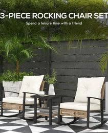 3 Pieces Bistro Set, Patio Wicker Furniture Set With Button Tufted Cushions, Rattan Rocking Chairs, Coffee Table, White