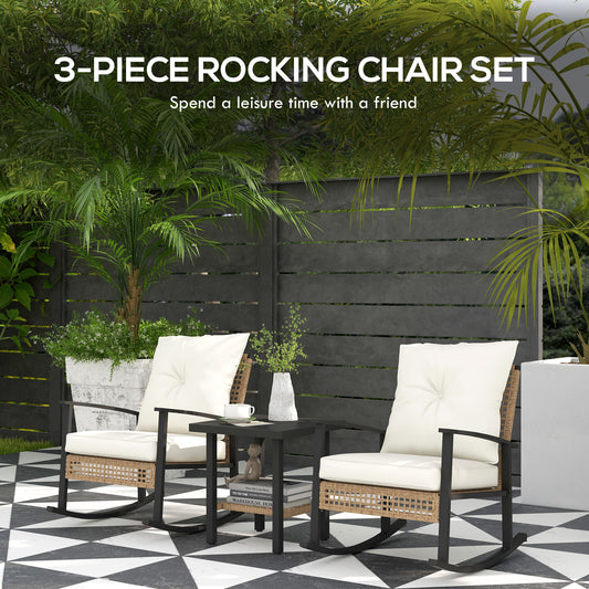 3 Pieces Bistro Set, Patio Wicker Furniture Set With Button Tufted Cushions, Rattan Rocking Chairs, Coffee Table, White