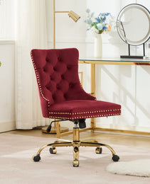 A&A Furniture Office Chair,Modern Velvet Upholstered Tufted Button Home Office Chair With Golden Metal Base,Adjustable Desk Chair Swivel Office Chair Wine Red
