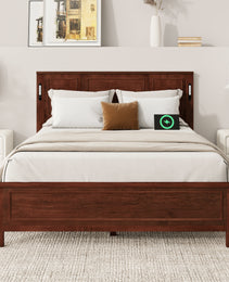 Queen Size Bed With Tall-Panel Headboard & Footboard, Built-in LED Lights, USB Charging Station, Pinewood Bed With Strengthened Bed Frame ,Walnut