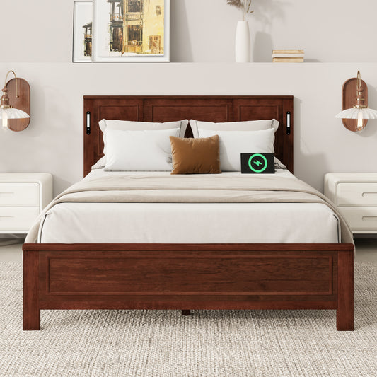 Queen Size Bed With Tall-Panel Headboard & Footboard, Built-in LED Lights, USB Charging Station, Pinewood Bed With Strengthened Bed Frame ,Walnut
