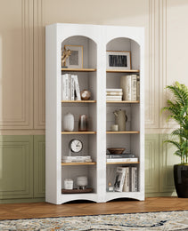 ON-TREND Free Standing 5 Tier Bookshelves, Bookcases Set Of 2, Farmhouse Two-Tone Storage Cabinet With Adjustable Shelves, Modern 72H Kitchen Pantry Cabinet For Living Room, Home Office, White