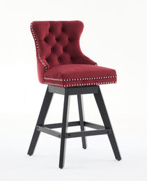 Swivel Velvet Barstools With Button Tufted Decoration And Wooden Legs, And Chrome Nailhead Trim, Leisure Style Bar Chairs,Bar Stools, Set Of 2 Wine Red